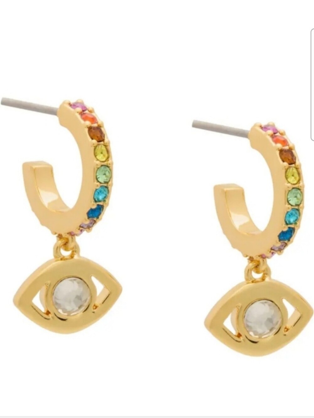 Kurt Geiger Gold Evil Eye Hoop Drop Earrings with Rainbow Pattern Stones, NWT